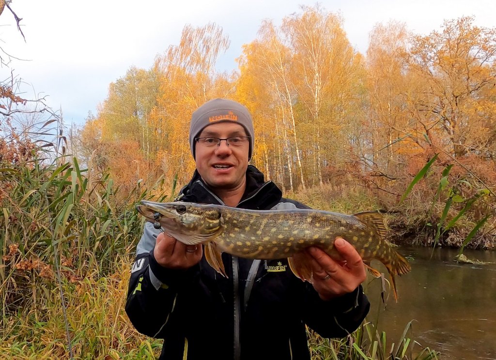 Валерий Сикиржицкий со щукой на осенней реке Валерий Сикиржицкий со щукой на осенней реке